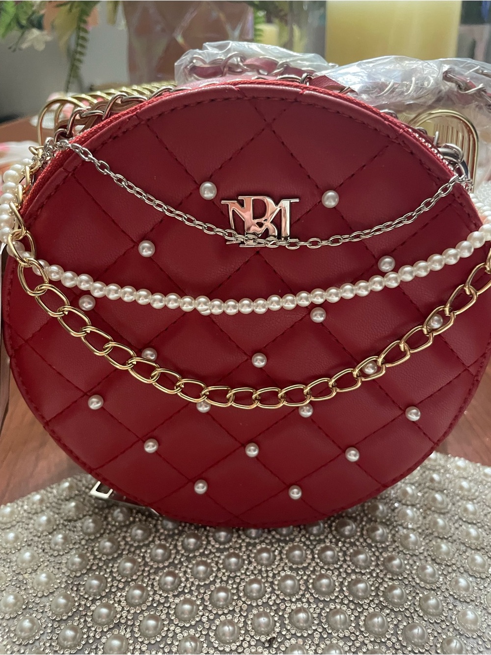 Badgley Mischka Red Quilted Round Pearl & Chain Shoulder Bag
